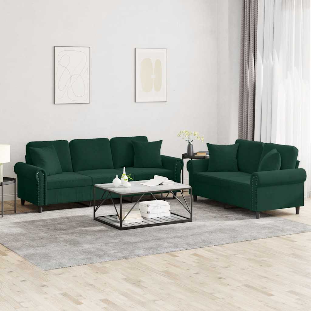 2-dijelni set sofa s jastucima tamnozeleni baršunasti