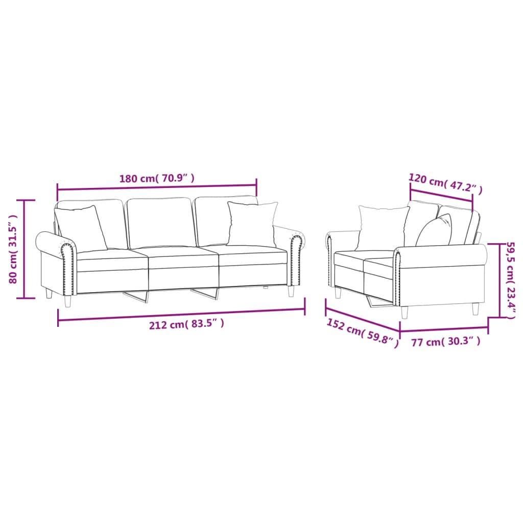 2-dijelni set sofa s jastucima ružičasti baršunasti