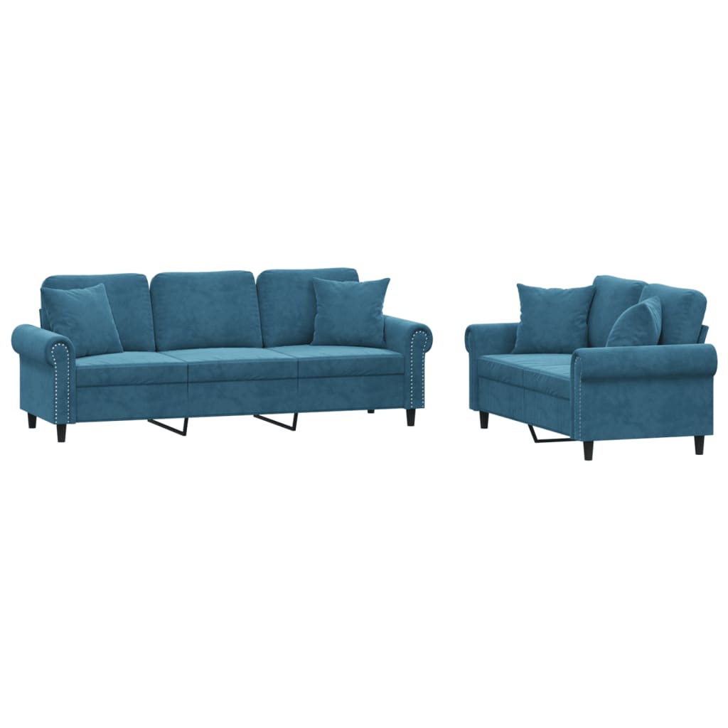 2-dijelni set sofa s jastucima plavi baršunasti