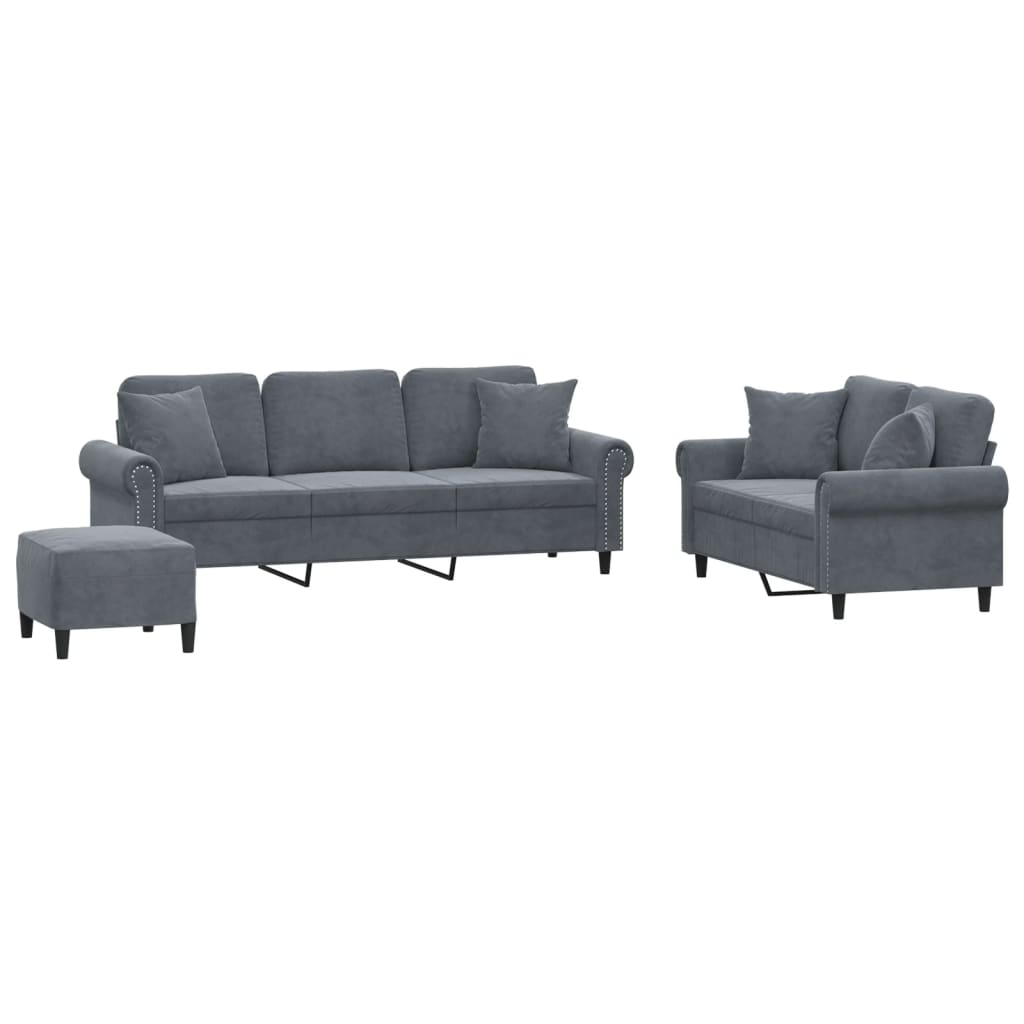 3-dijelni set sofa s jastucima tamnosivi baršunasti