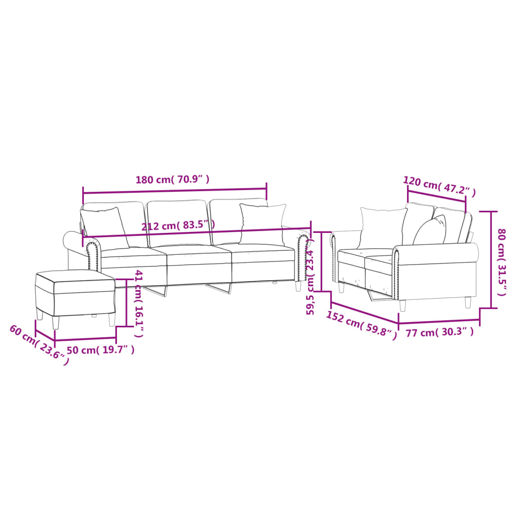 3-dijelni set sofa s jastucima tamnosivi baršunasti