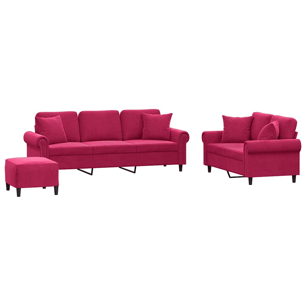 3-dijelni set sofa s jastucima crvena boja vina baršunasti
