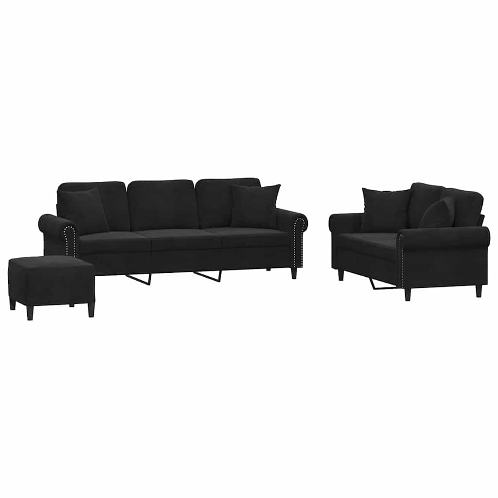 3-dijelni set sofa s jastucima crni baršunasti