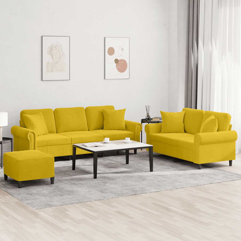 3-dijelni set sofa s jastucima žuti baršunasti