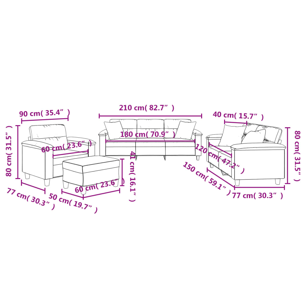 4-dijelni set sofa s jastucima krem od mikrovlakana