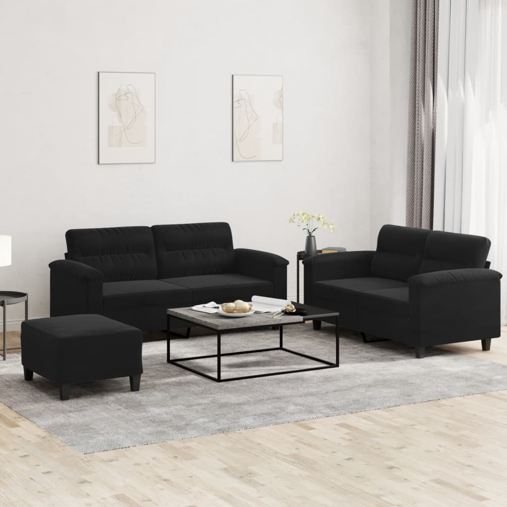 3-dijelni set sofa s jastucima crni od mikrovlakana