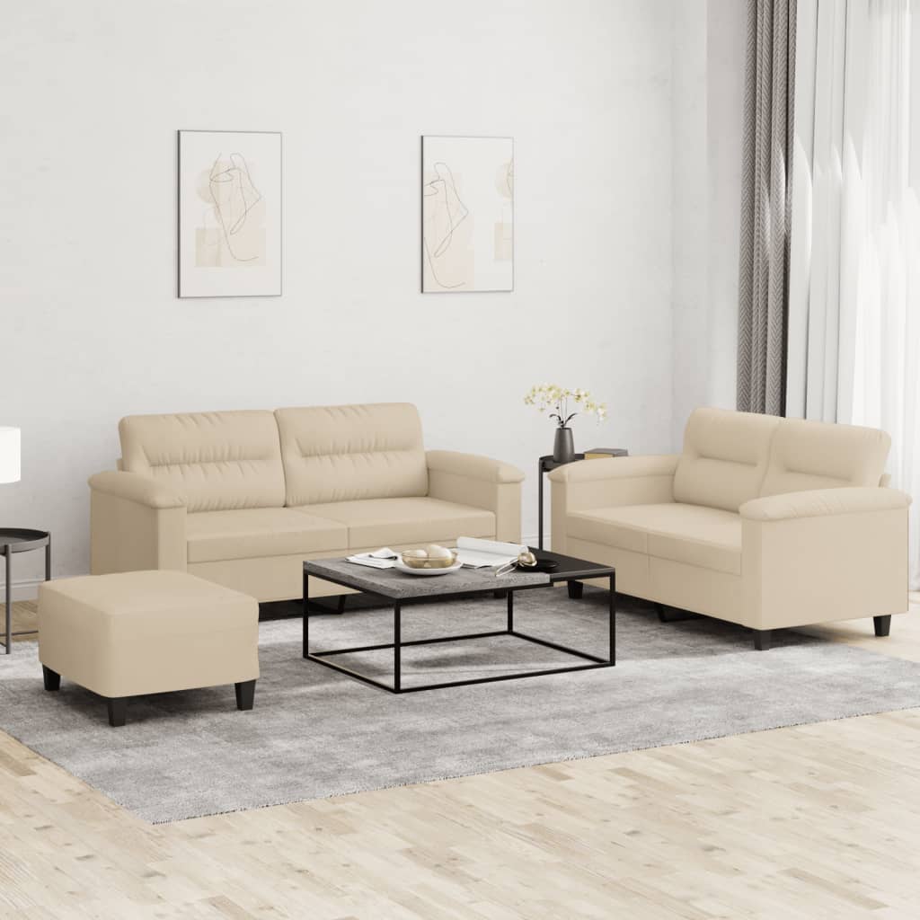 3-dijelni set sofa s jastucima krem od mikrovlakana
