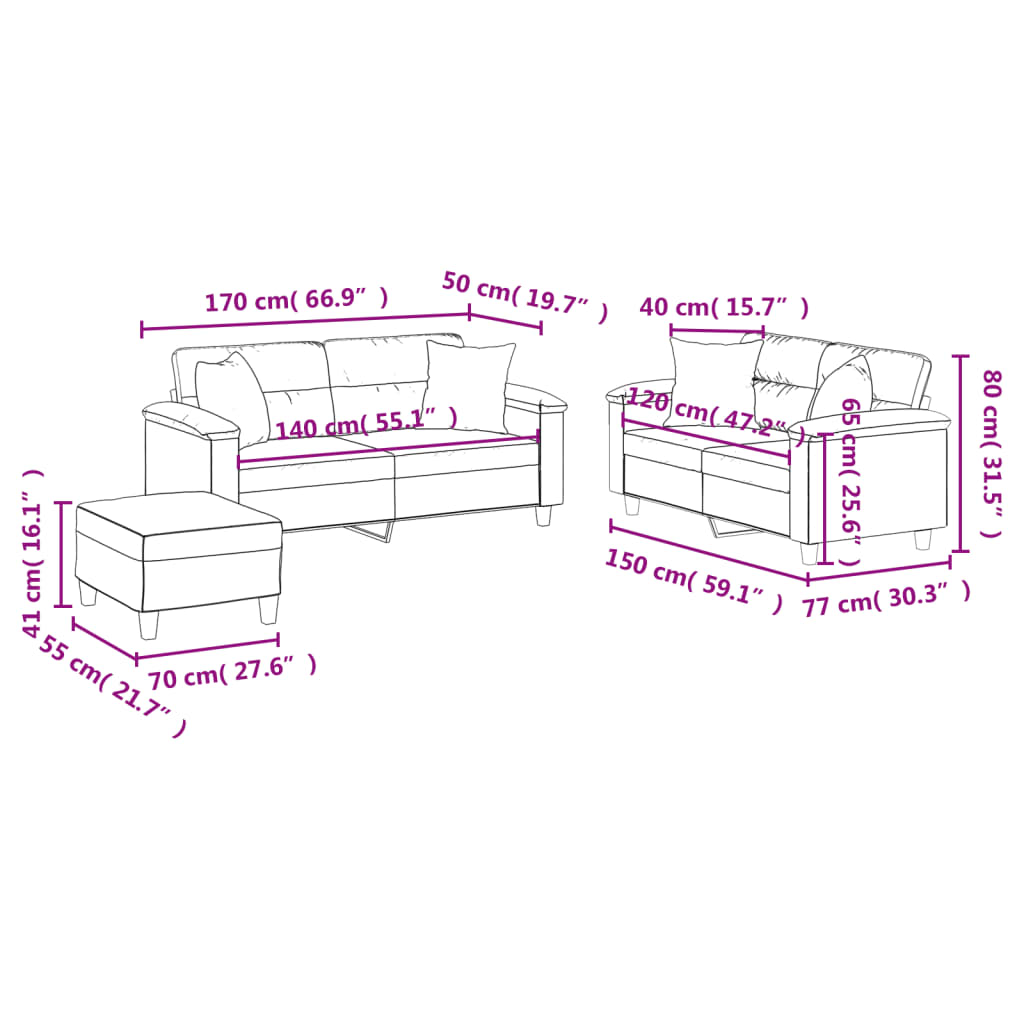 3-dijelni set sofa s jastucima tamnosivi od mikrovlakana