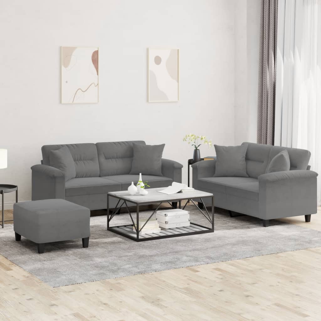 3-dijelni set sofa s jastucima tamnosivi od mikrovlakana
