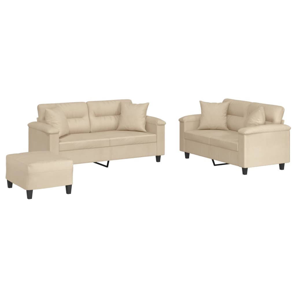 3-dijelni set sofa s jastucima krem od mikrovlakana