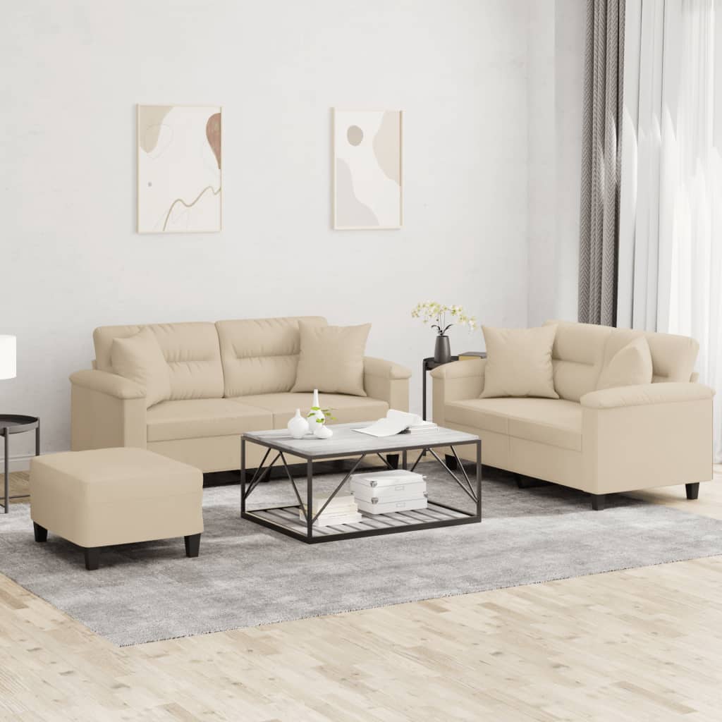 3-dijelni set sofa s jastucima krem od mikrovlakana