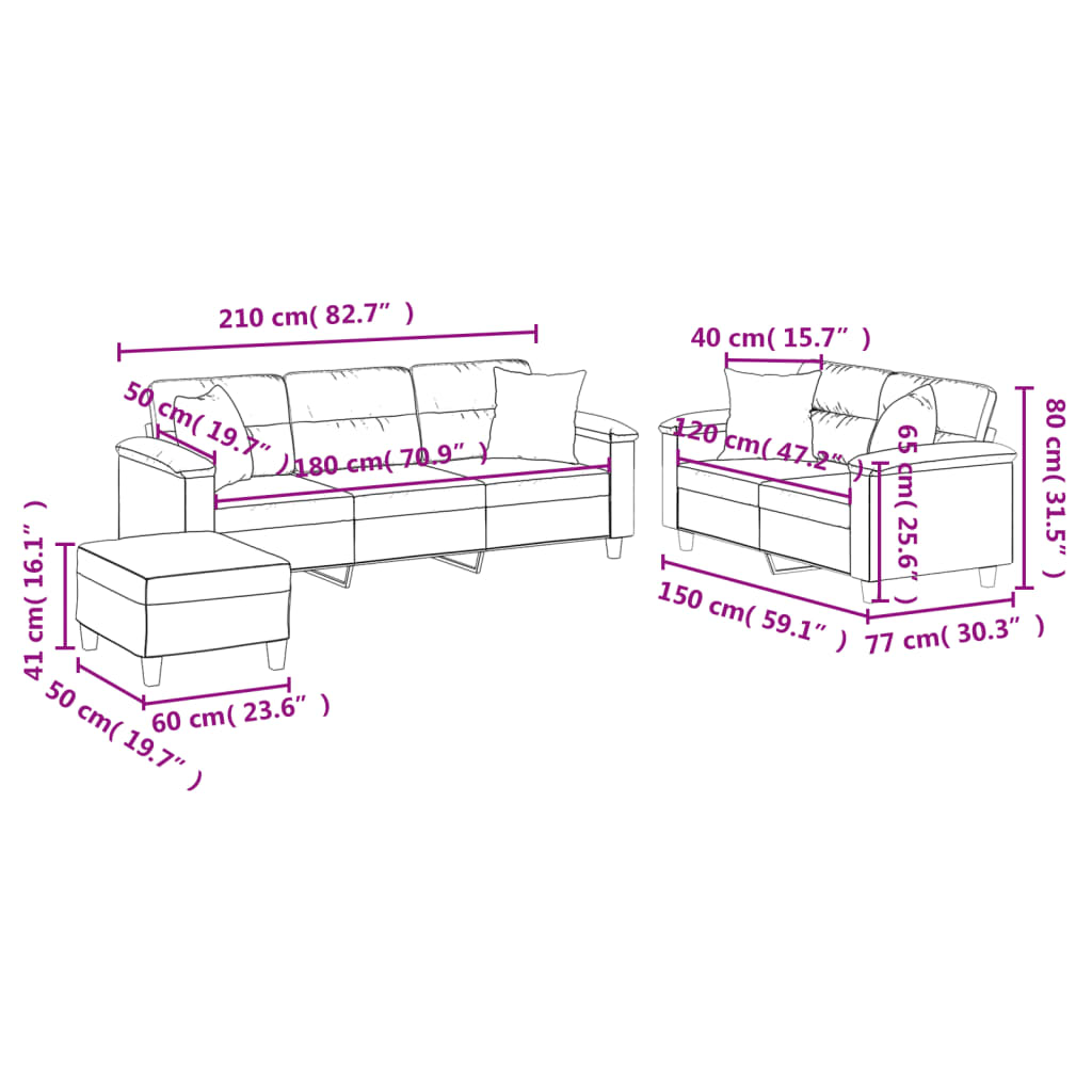3-dijelni set sofa s jastucima tamnosivi od mikrovlakana
