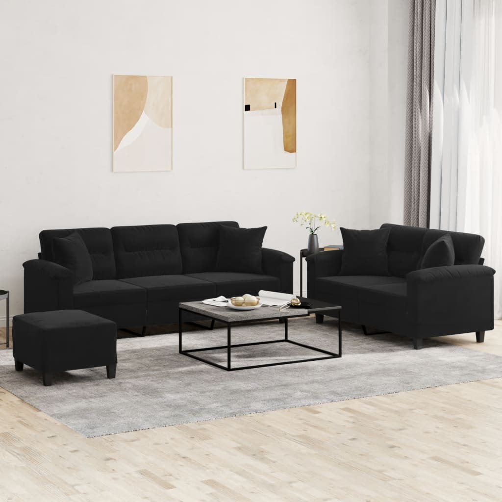 3-dijelni set sofa s jastucima crni od mikrovlakana