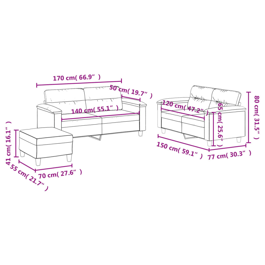 3-dijelni set sofa s jastucima krem od umjetne kože