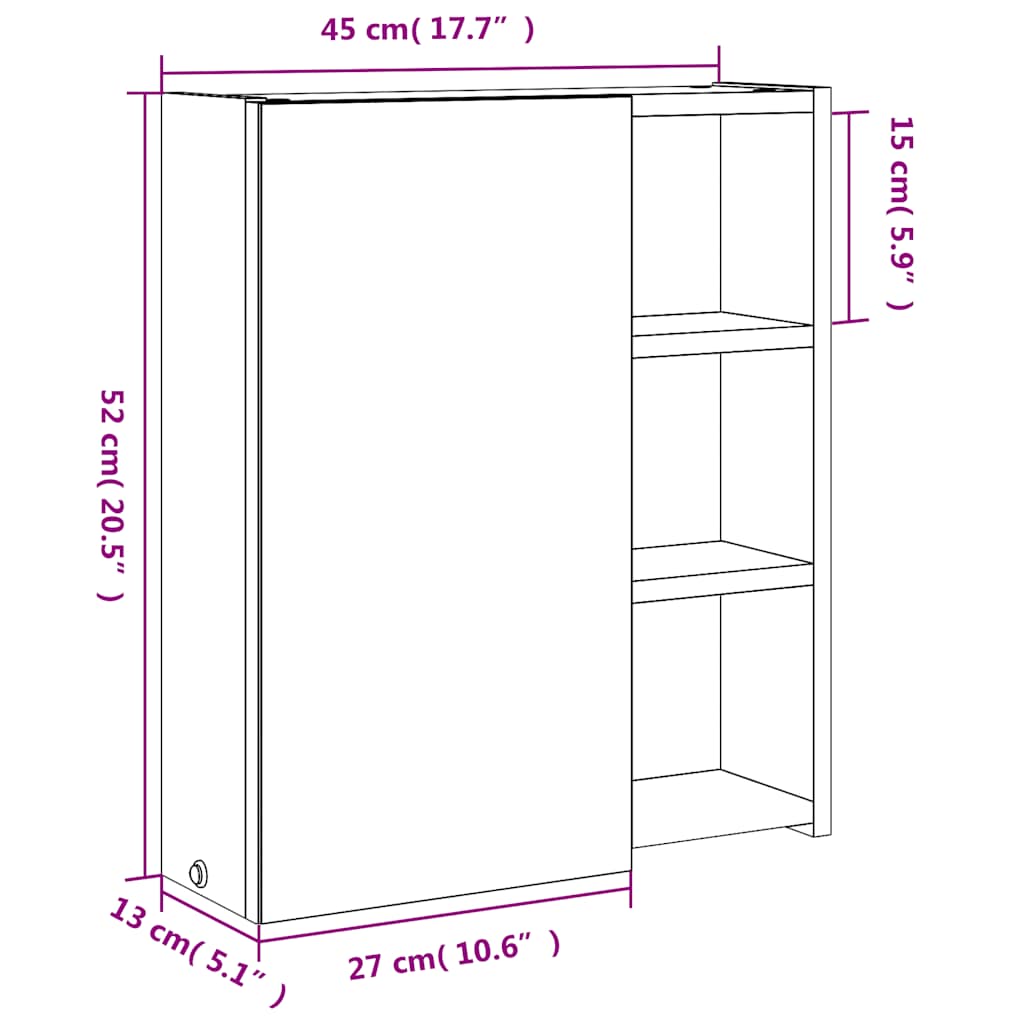 Kupaonski ormarić s ogledalom i LED svjetlom sivi 45x13x52 cm
