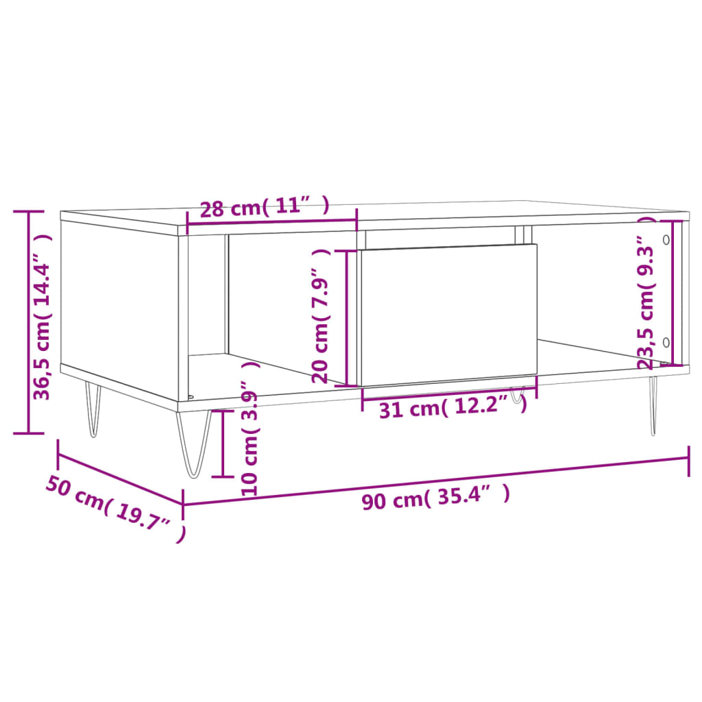 Stolić za kavu sjajni bijeli 90x50x36,5 cm konstruirano drvo