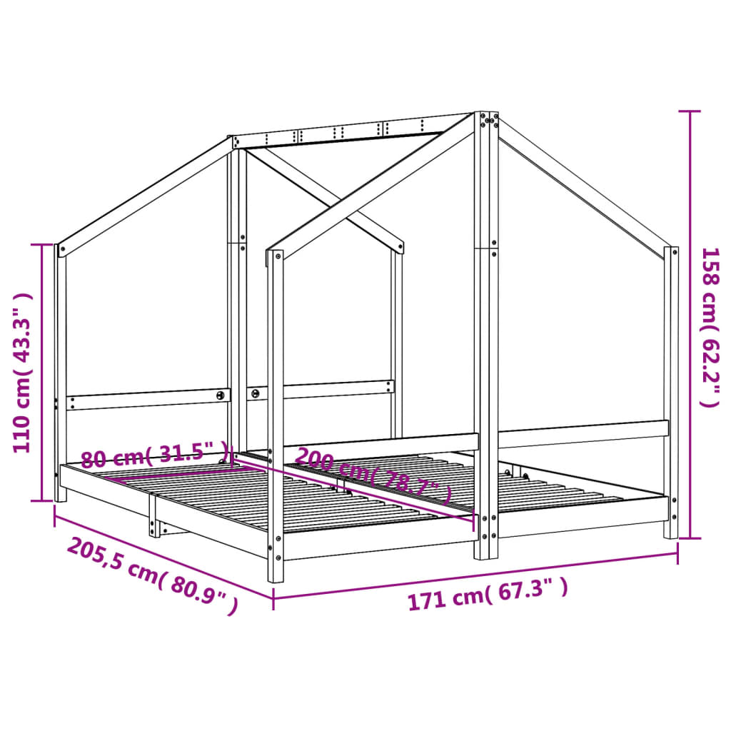 Okvir za dječji krevet bijeli 2x(80x200) cm od masivne borovine