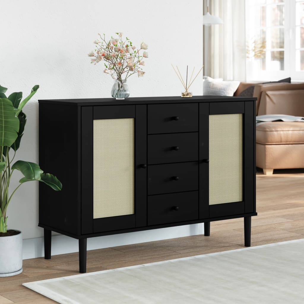 Komoda SENJA crna izgled ratana 112x40x80 cm masivna borovina