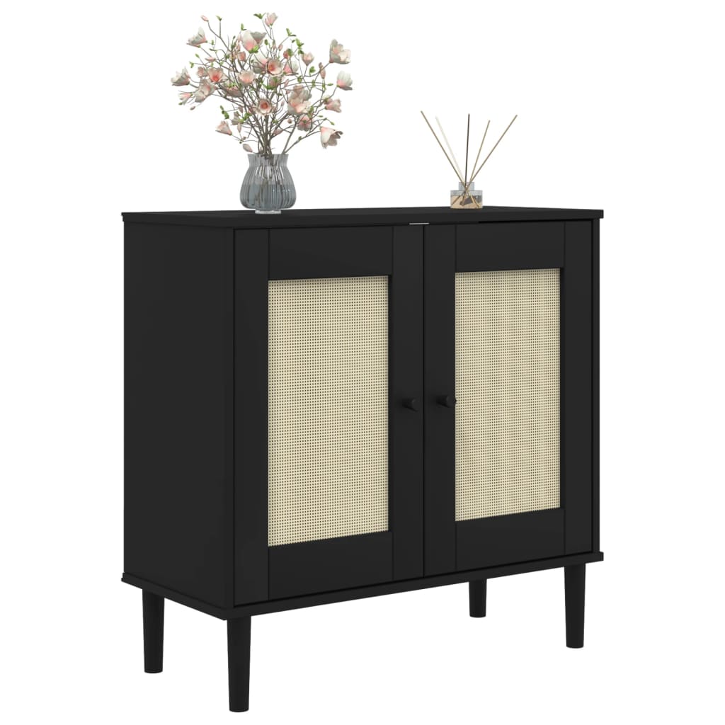 Komoda SENJA crna izgled ratana 80x35x80 cm masivna borovina