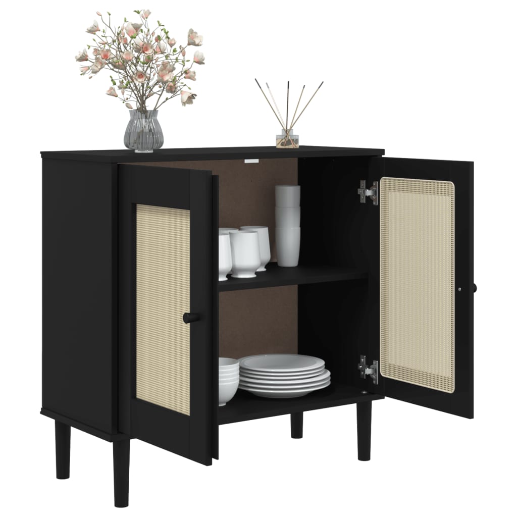 Komoda SENJA crna izgled ratana 80x35x80 cm masivna borovina