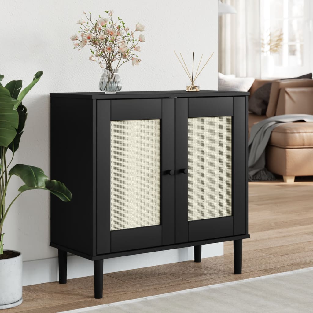 Komoda SENJA crna izgled ratana 80x35x80 cm masivna borovina
