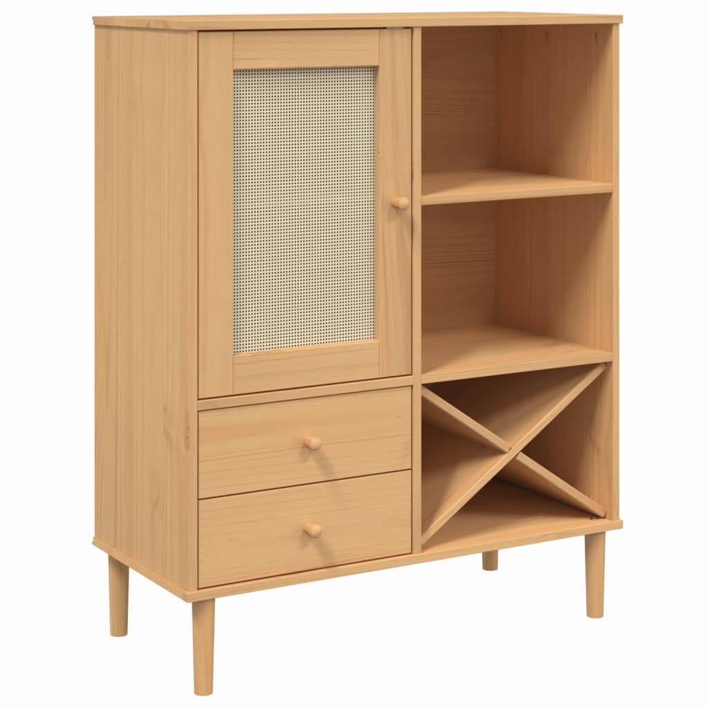 Visoka komoda SENJA smeđa izgled ratana 90x40x112 cm borovina