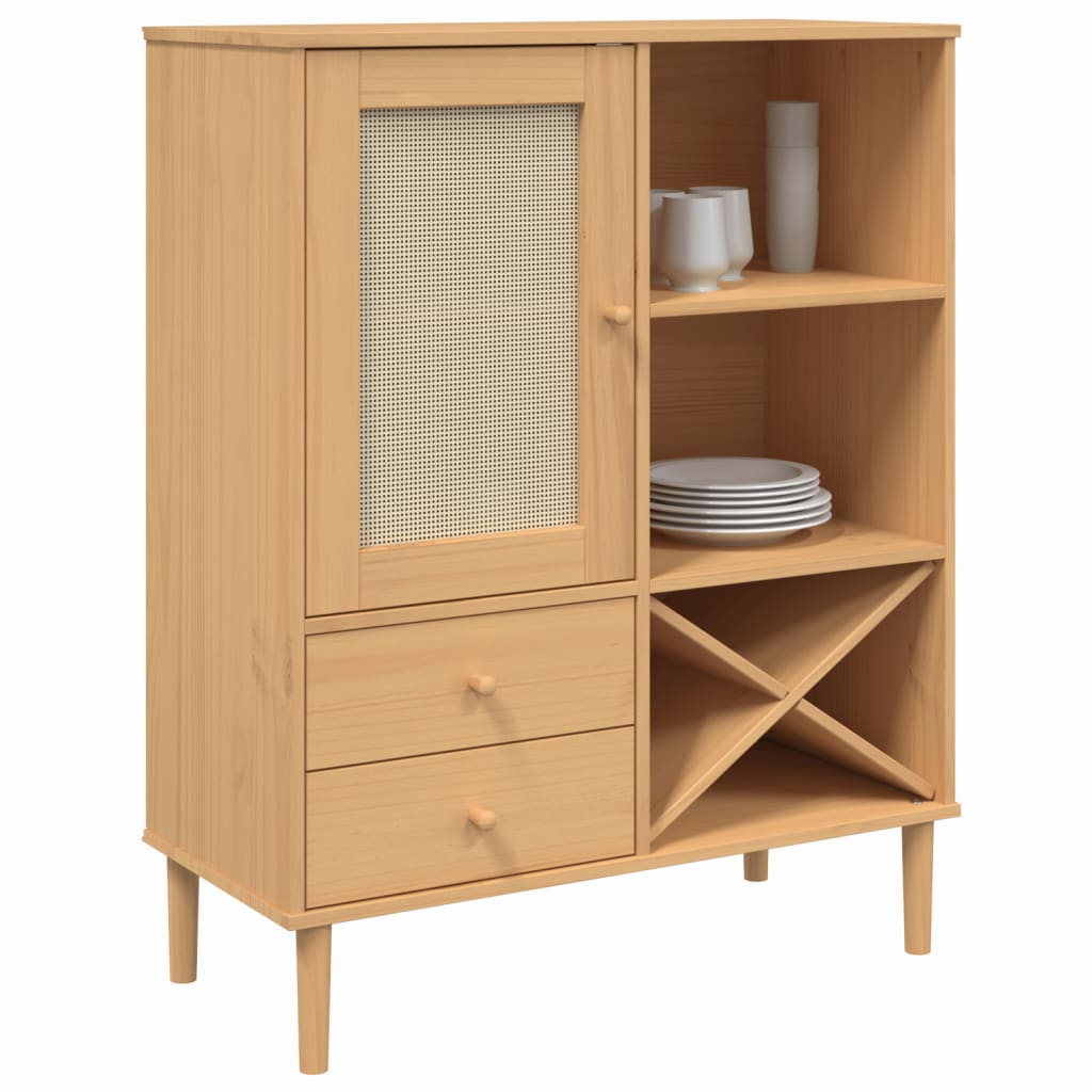 Visoka komoda SENJA smeđa izgled ratana 90x40x112 cm borovina