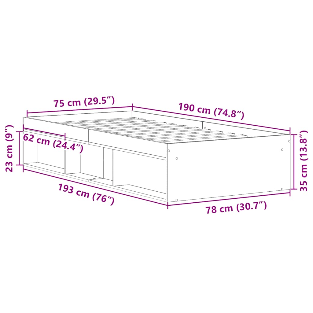 Okvir kreveta boja betona 75 x 190 cm mali za jednu osobu
