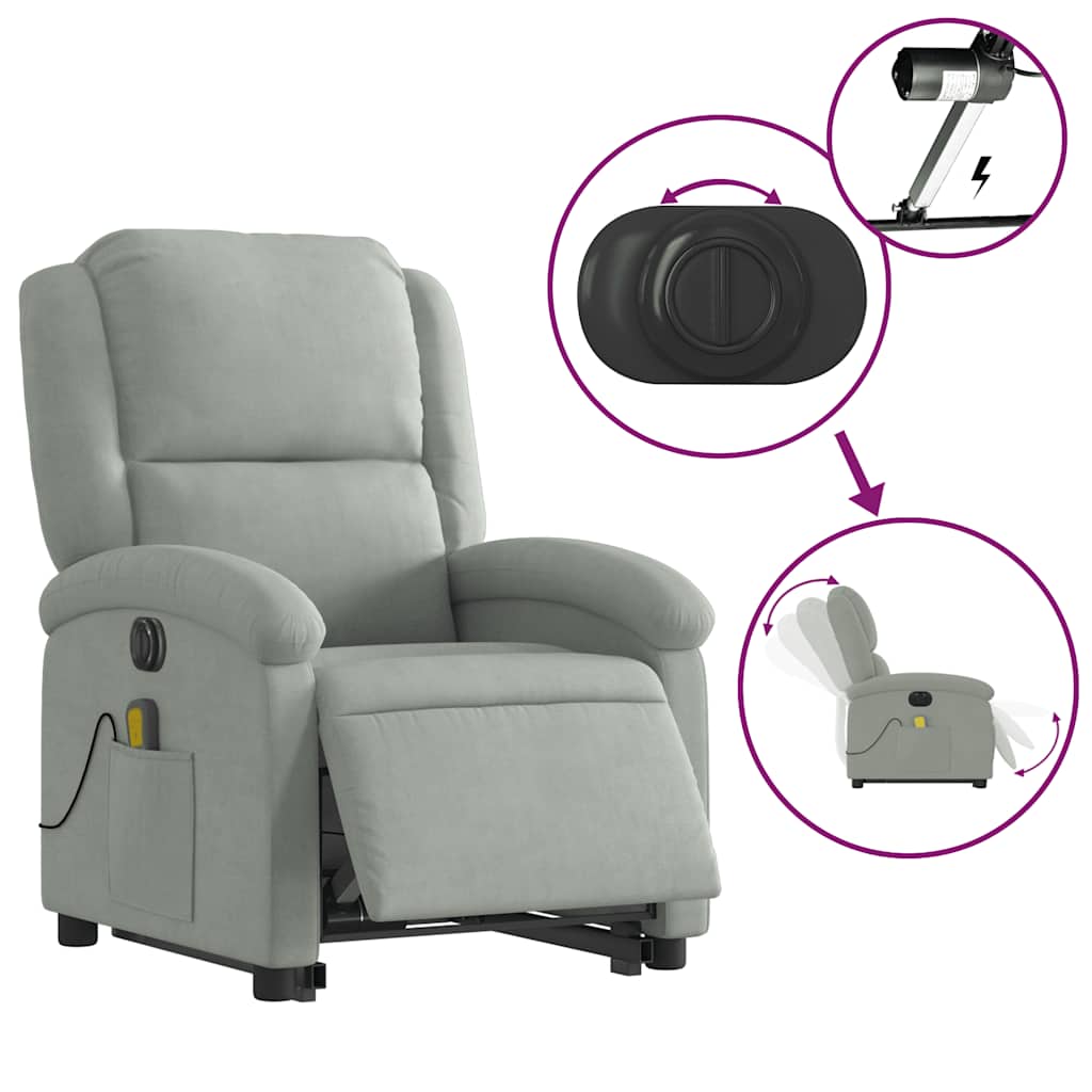 Električni masažni naslonjač na podizanje svjetlosivi baršun