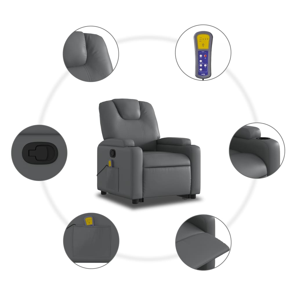 Masažni naslonjač na podizanje od umjetne kože siva