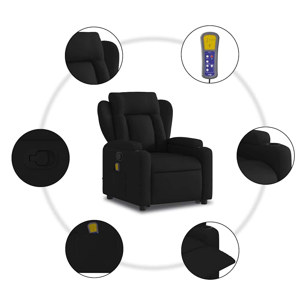 Masažni naslonjač na podizanje od tkanine crni