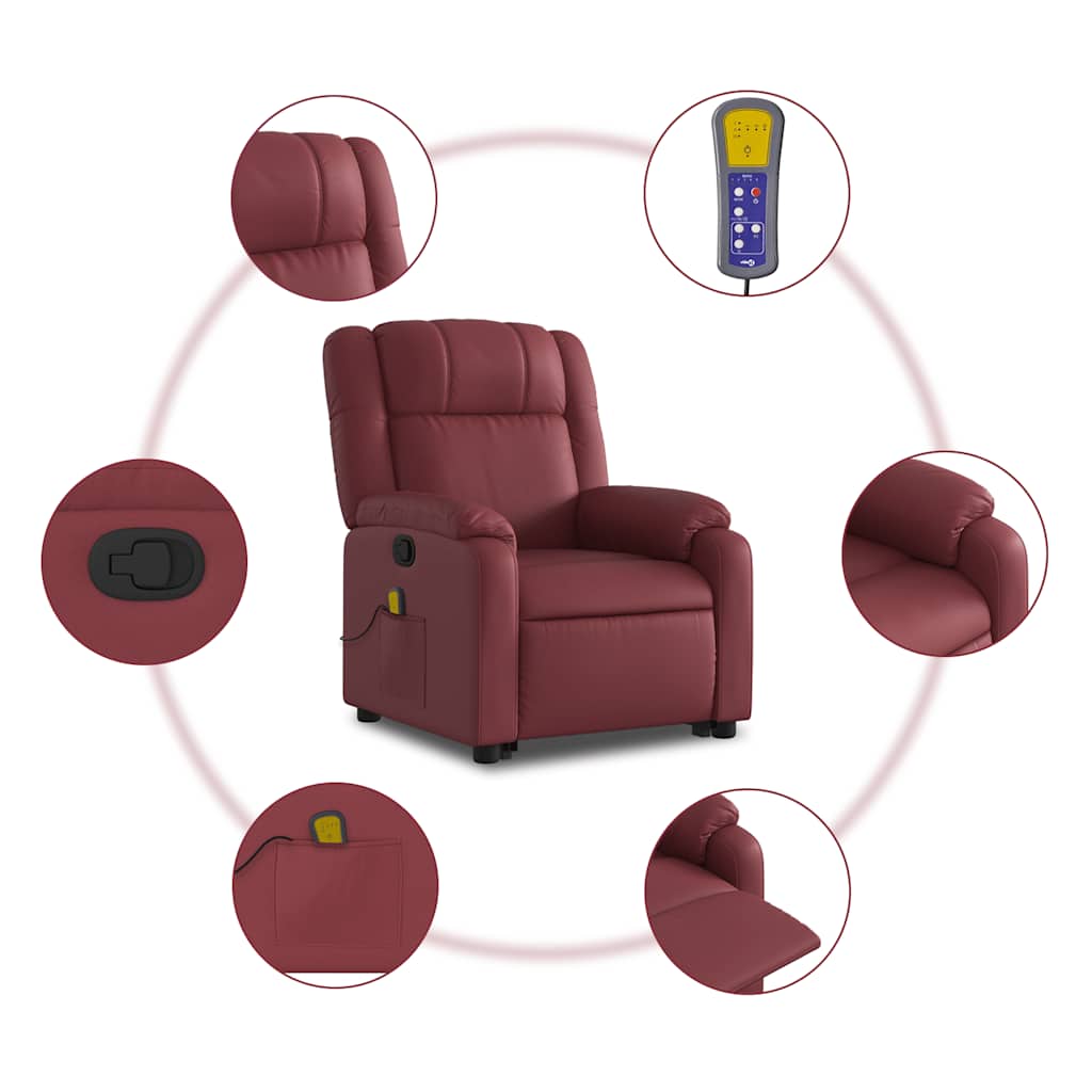 Masažni naslonjač na podizanje od umjetne kože crvena boja vina