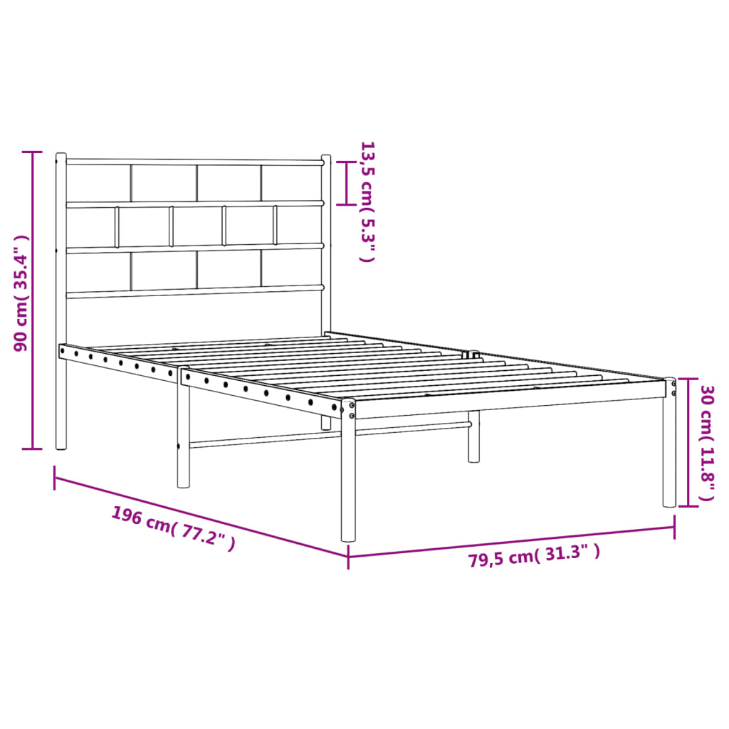 Metalni okvir krevet bez madraca s uzglavljem bijeli 75x190 cm