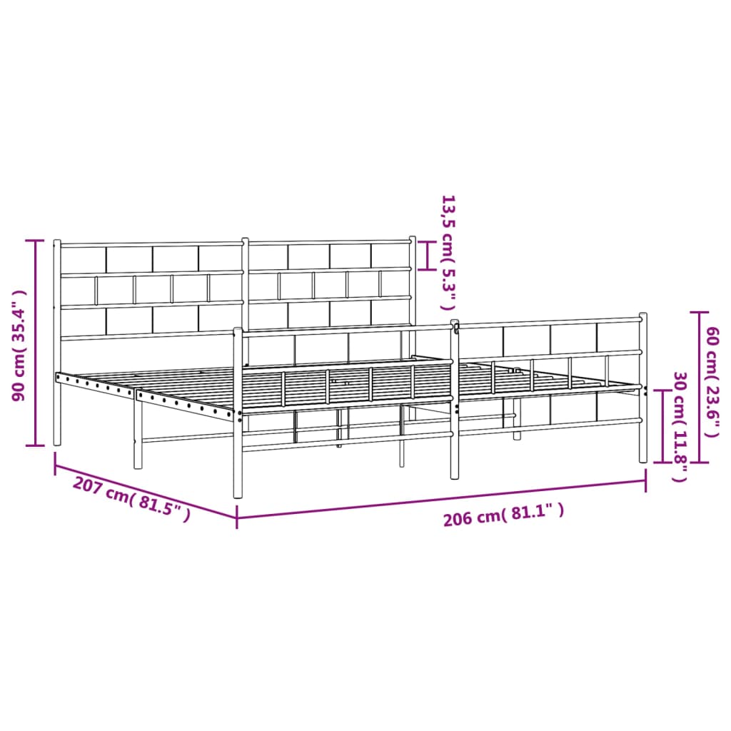 Metalni okvir kreveta uzglavlje i podnožje bijeli 200x200 cm