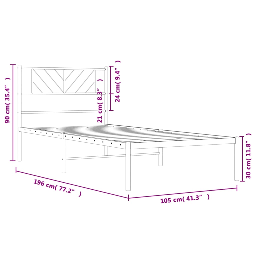 Metalni okvir za krevet s uzglavljem bijeli 100x190 cm