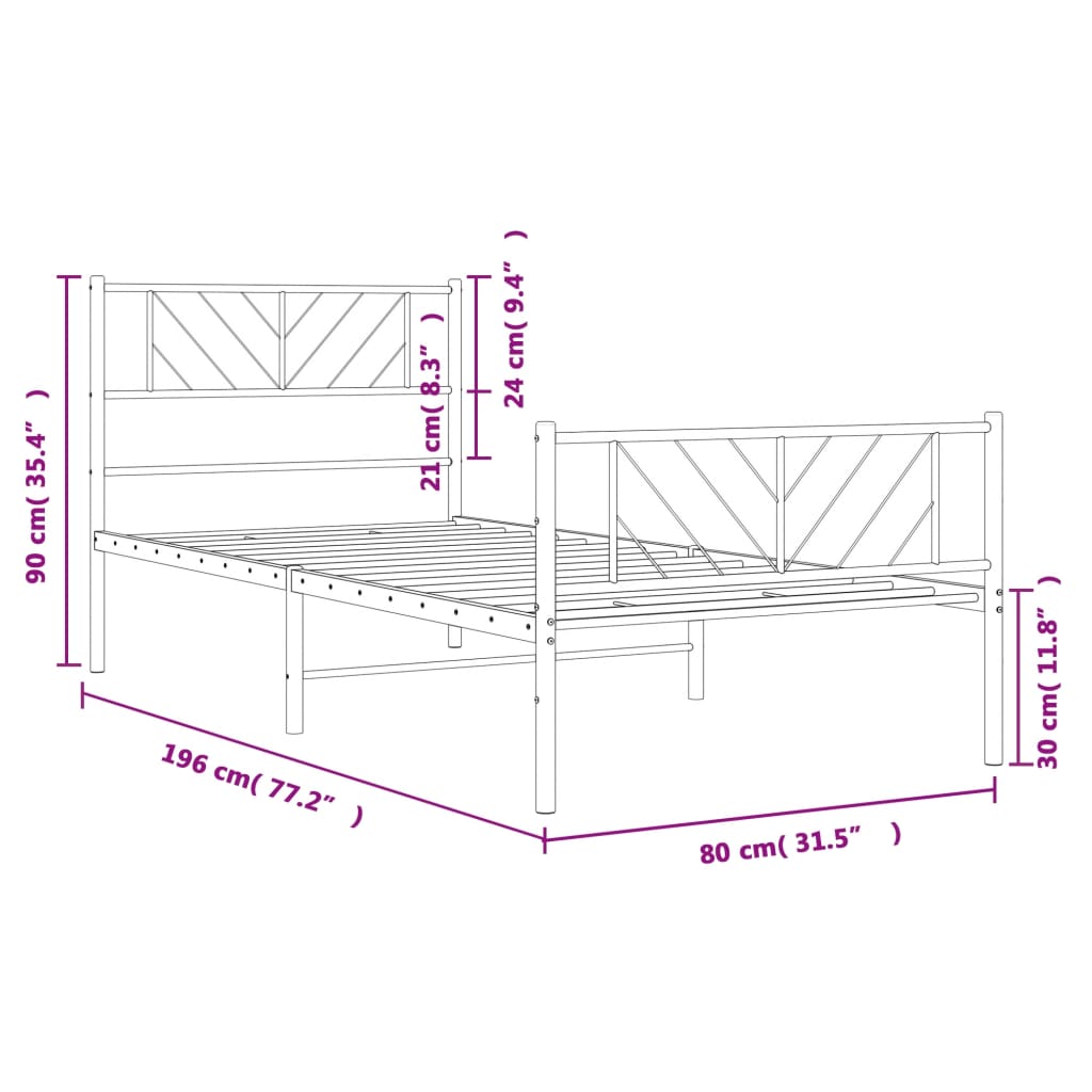 Metalni okvir kreveta uzglavlje i podnožje bijeli 75x190 cm