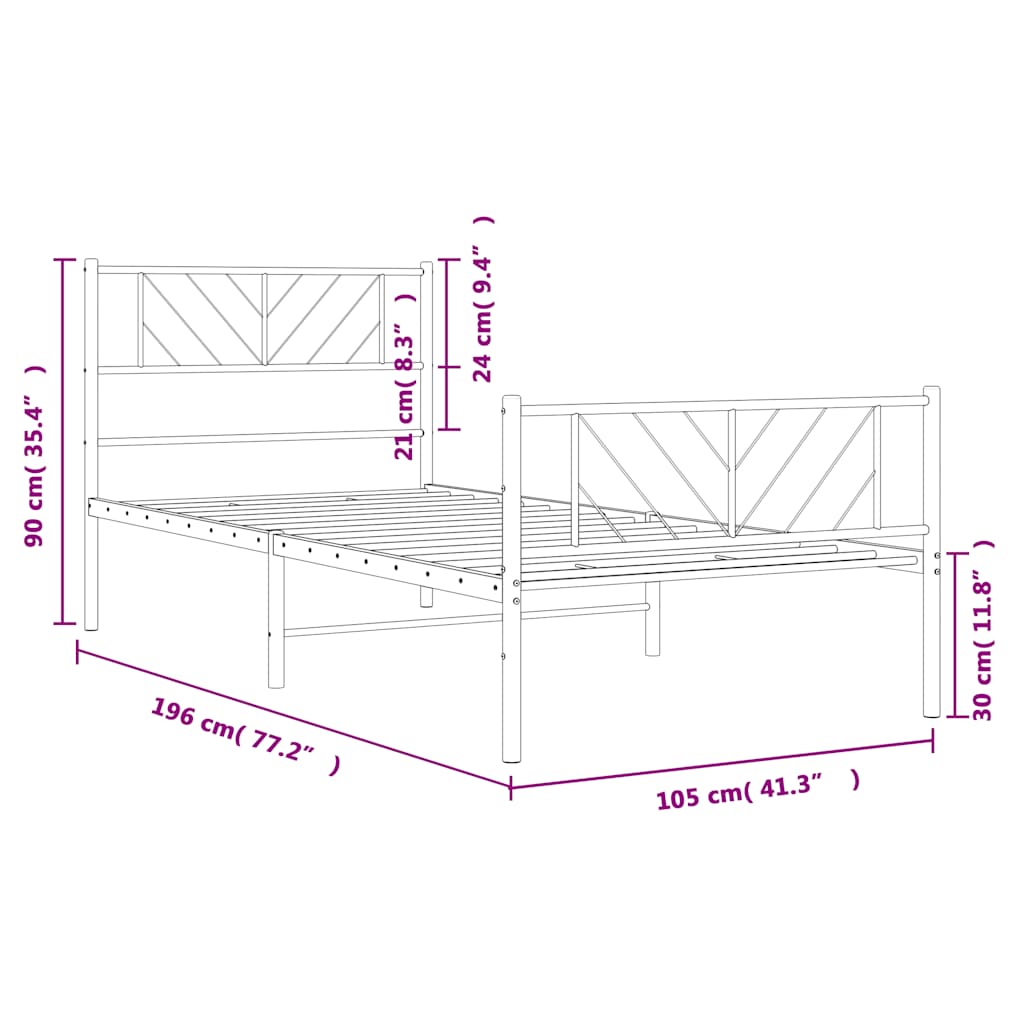 Metalni okvir kreveta uzglavlje i podnožje bijeli 100x190 cm
