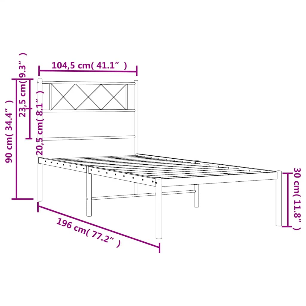 Metalni okvir za krevet s uzglavljem crni 100x190 cm