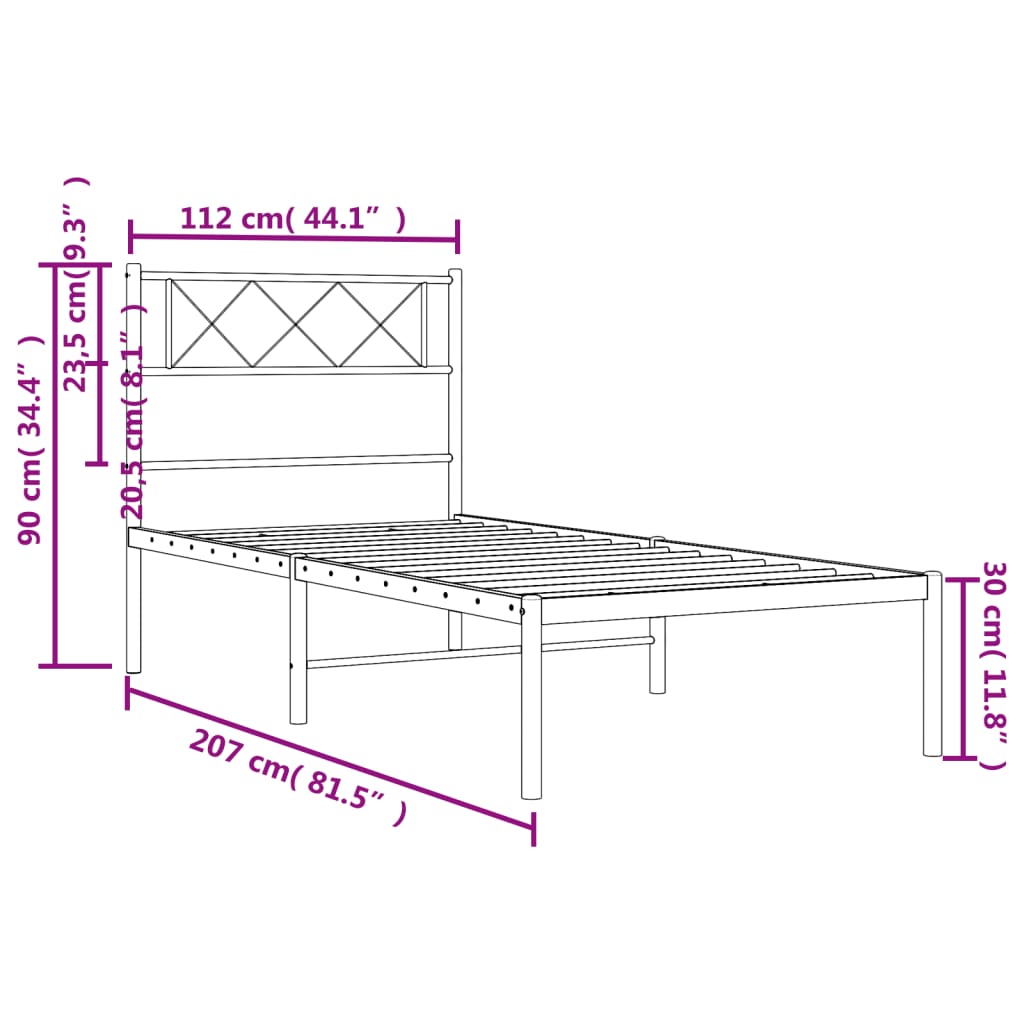 Metalni okvir za krevet s uzglavljem crni 107x203 cm