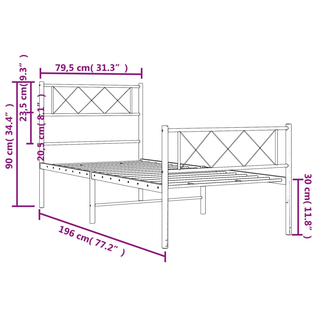Metalni okvir kreveta uzglavlje i podnožje crni 75x190 cm