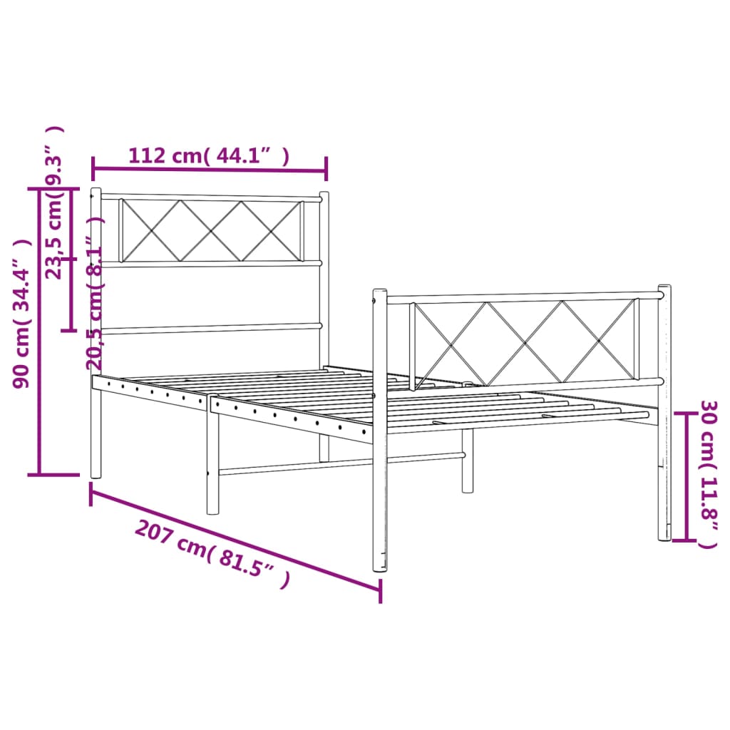 Metalni okvir kreveta uzglavlje i podnožje crni 107x203 cm