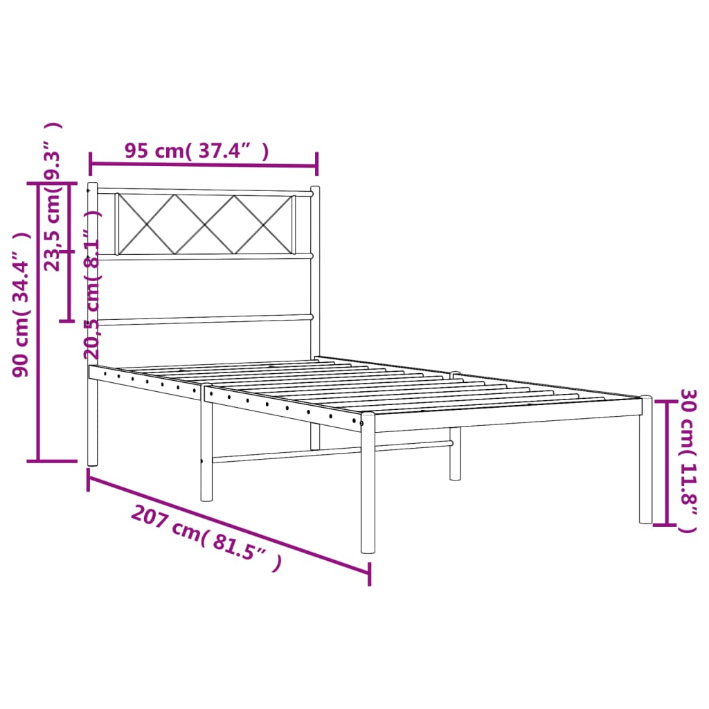 Metalni okvir za krevet s uzglavljem bijeli 90x200 cm