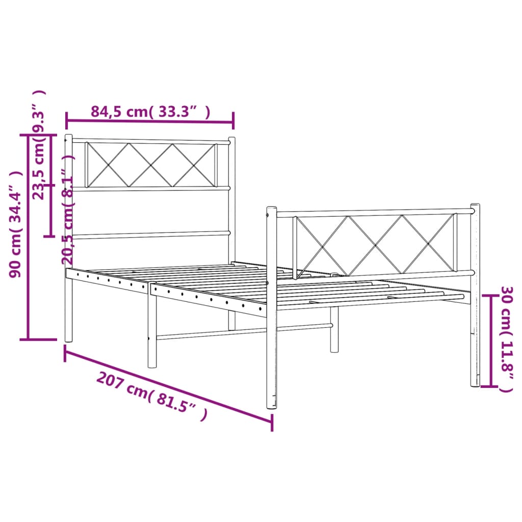Metalni okvir kreveta uzglavlje i podnožje bijeli 80x200 cm
