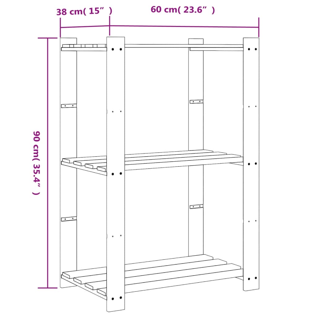 Stalak za pohranu s 3 razine crni 60x38x90 cm masivna borovina