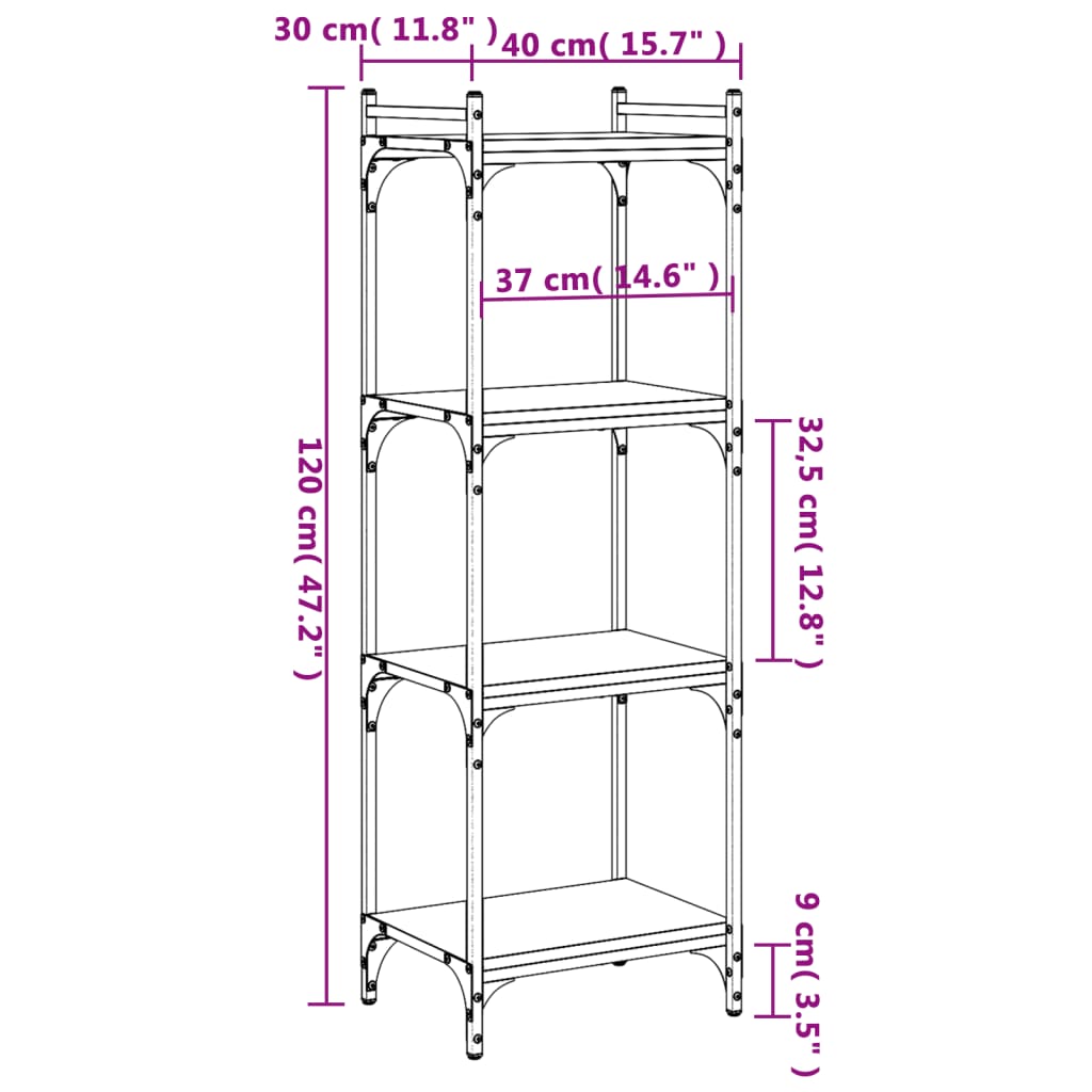 Regal za knjige s 4 razine boja hrasta 40 x 30 x 120 cm drveni