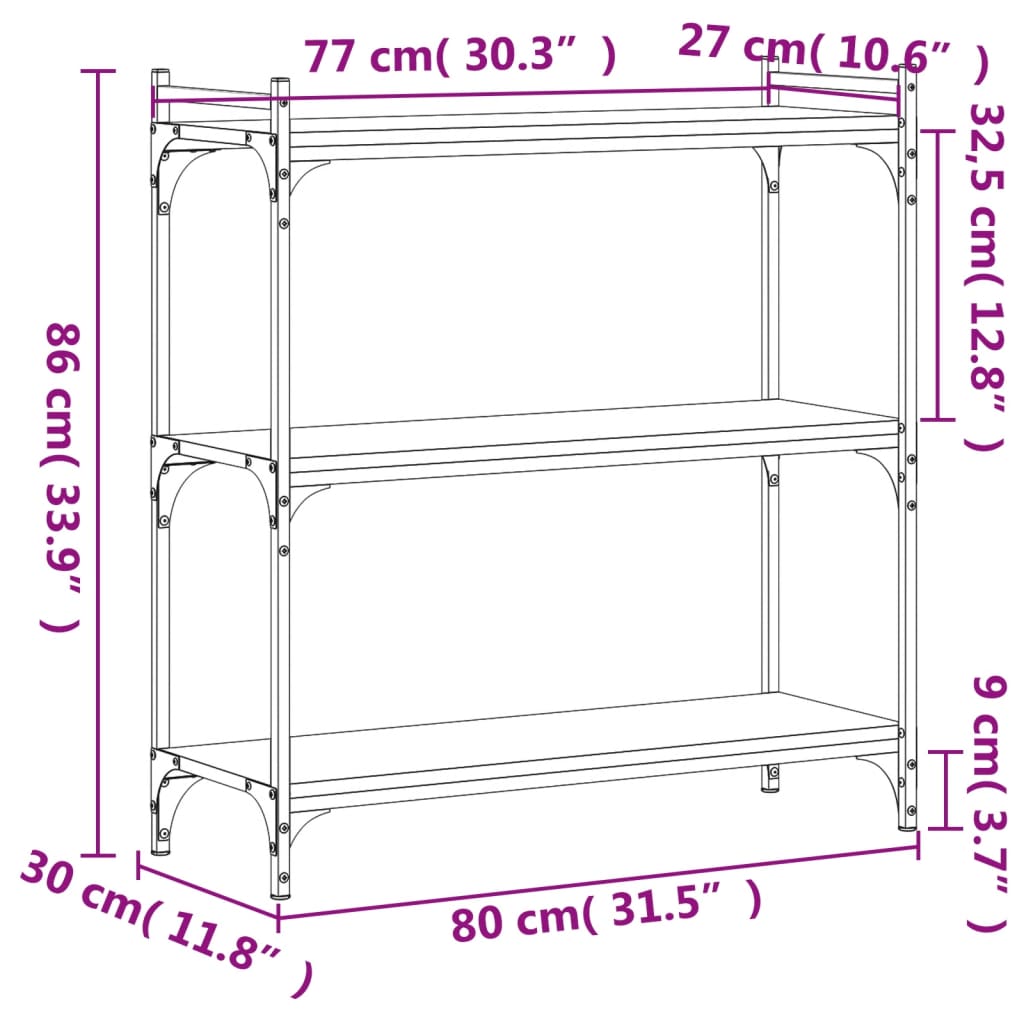 Regal za knjige s 3 razine boja hrasta 80 x 30 x 86 cm drveni
