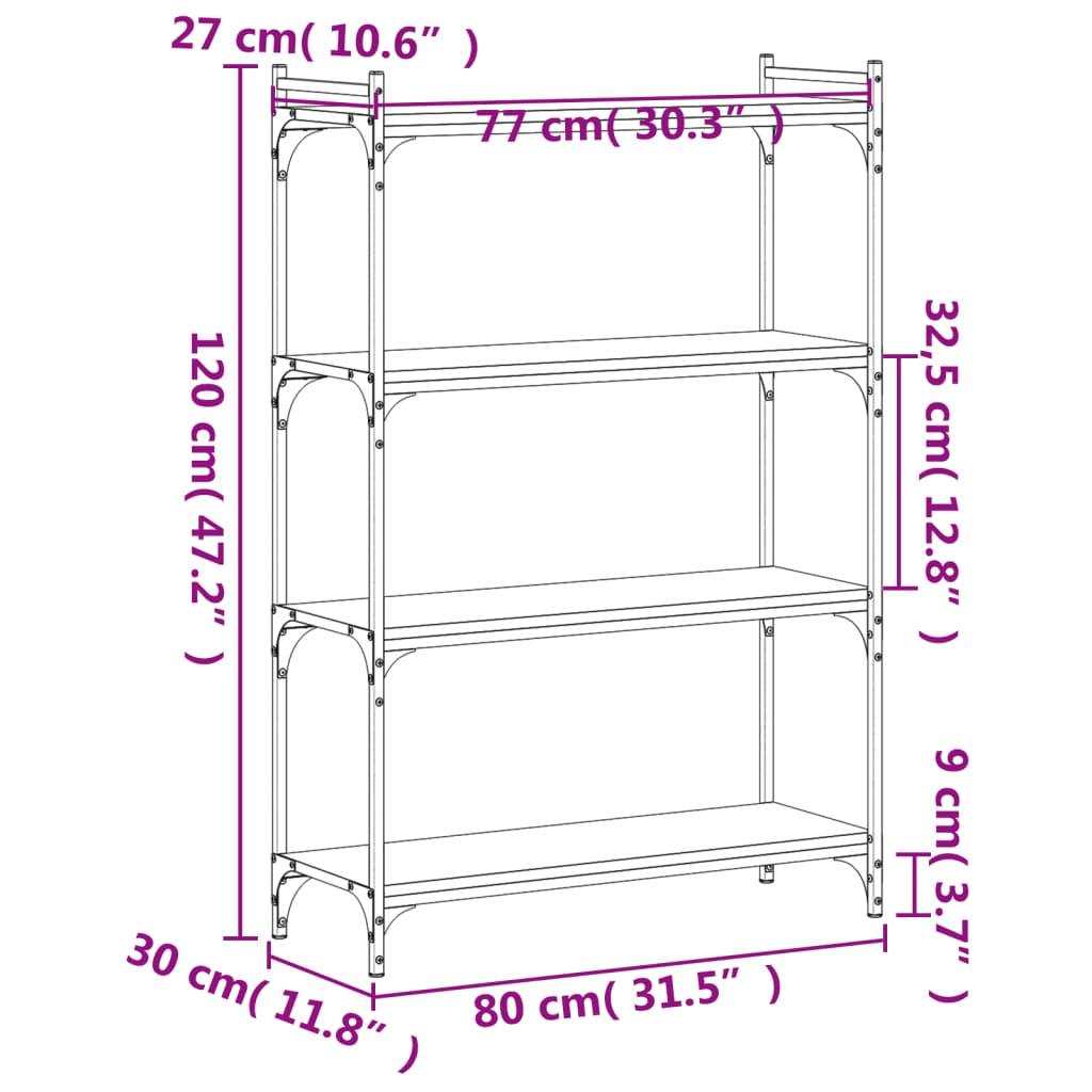 Regal za knjige s 4 razine boja hrasta 80 x 30 x 120 cm drveni