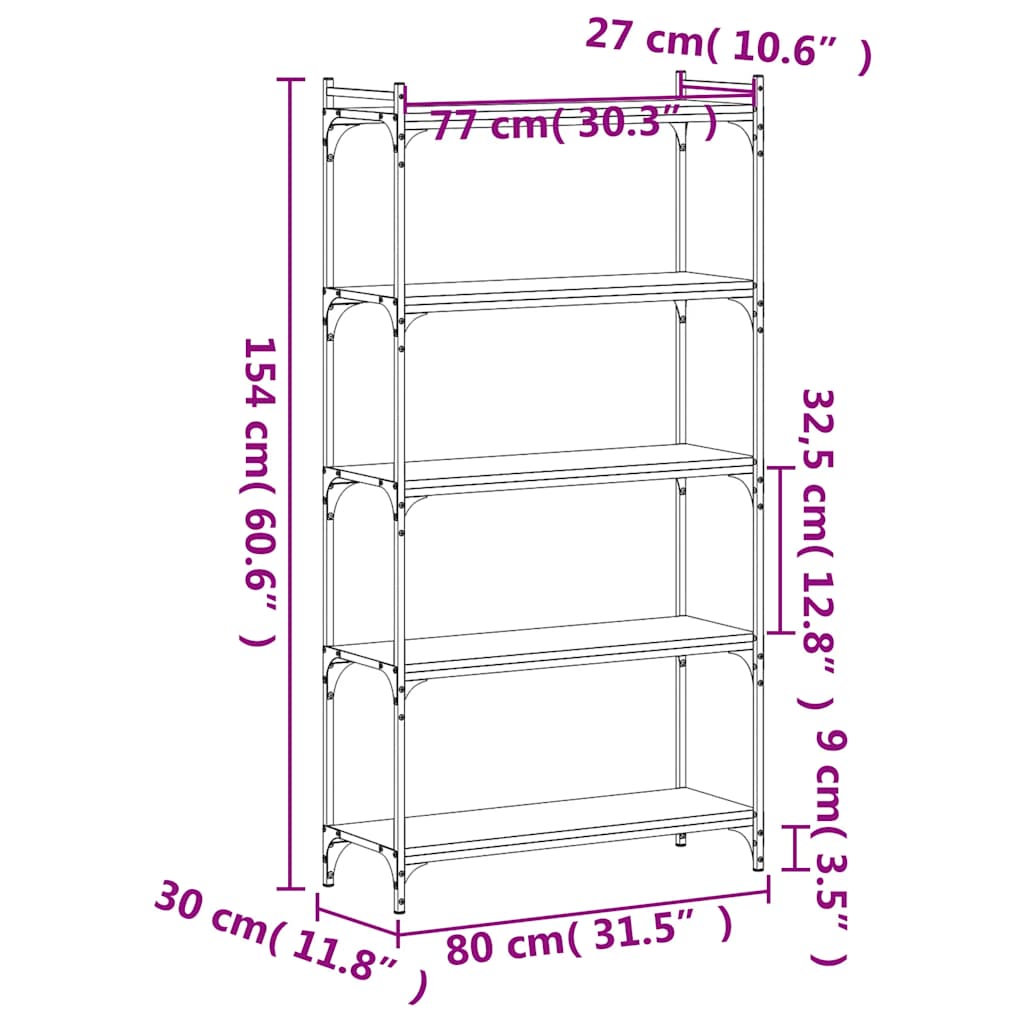 Regal za knjige s 5 razina crni 80x30x154 cm konstruirano drvo