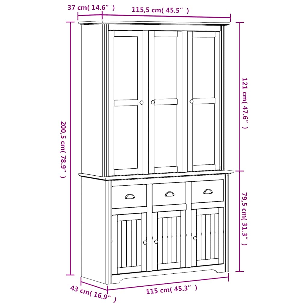 Visoka komoda BODO bijela 115,5x43x200,5 cm od masivne borovine