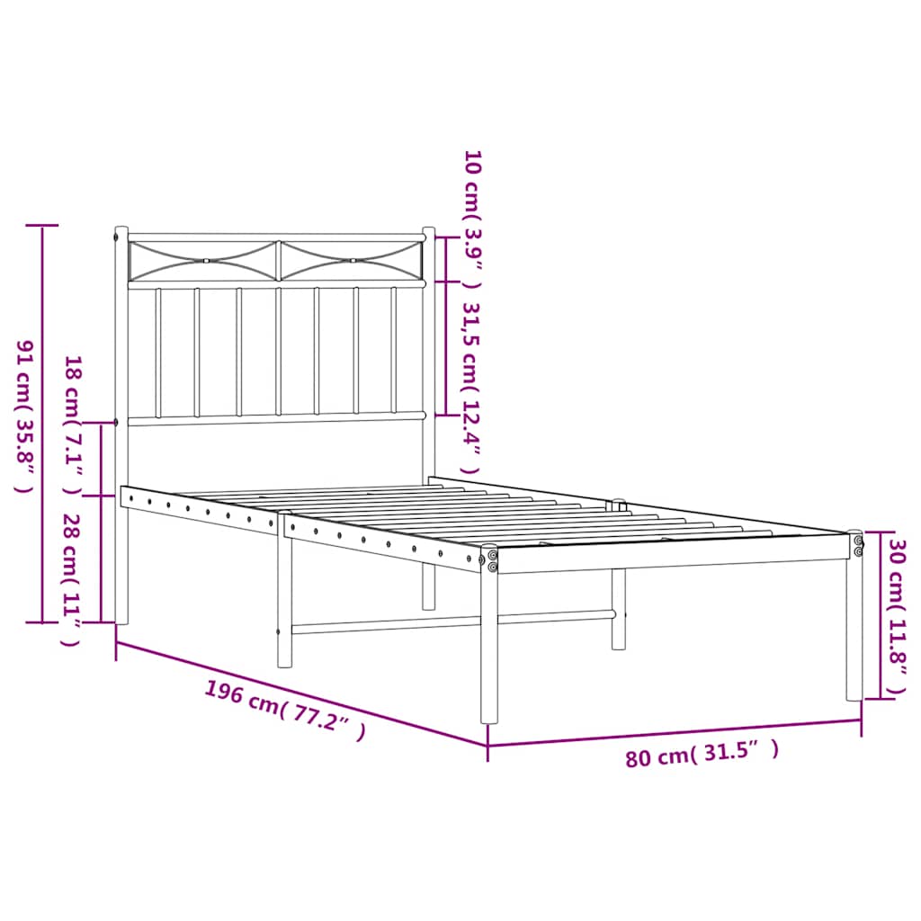 Metalni okvir za krevet s uzglavljem crni 75x190 cm